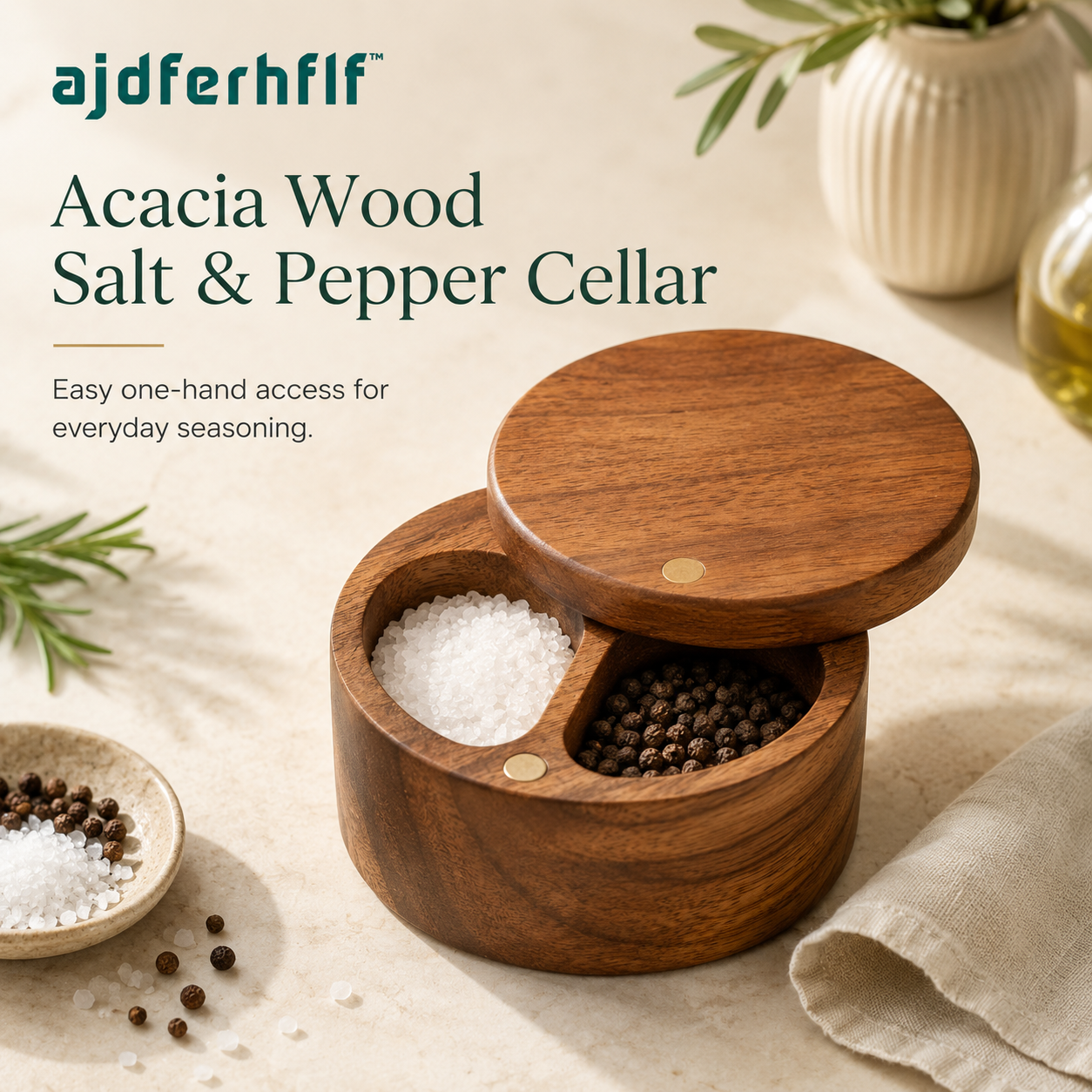 ajdferhflf™ Acacia Wood Salt & Pepper Cellar with Swivel Magnetic Lid