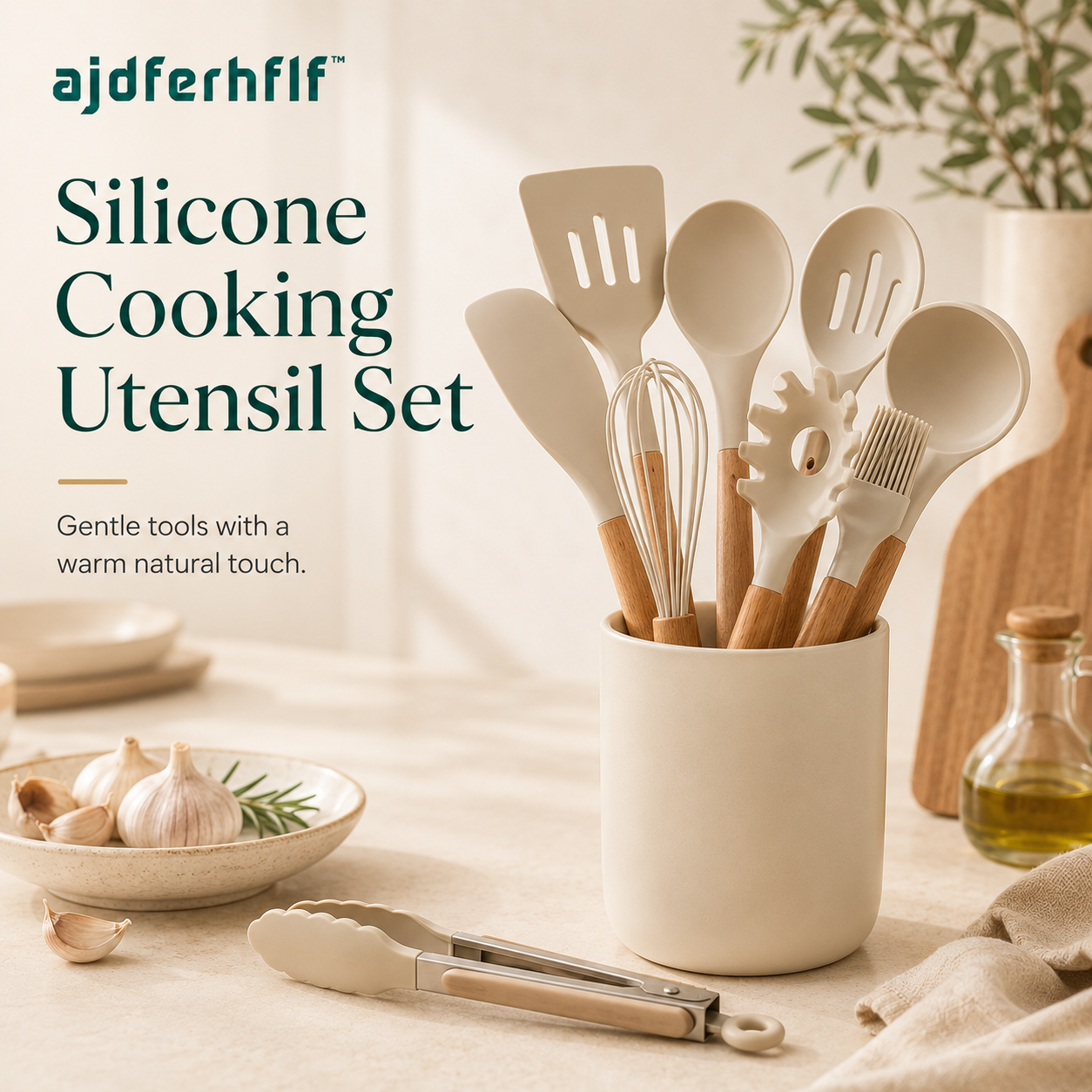 ajdferhflf™ Silicone Cooking Utensil Set with Wooden Handles